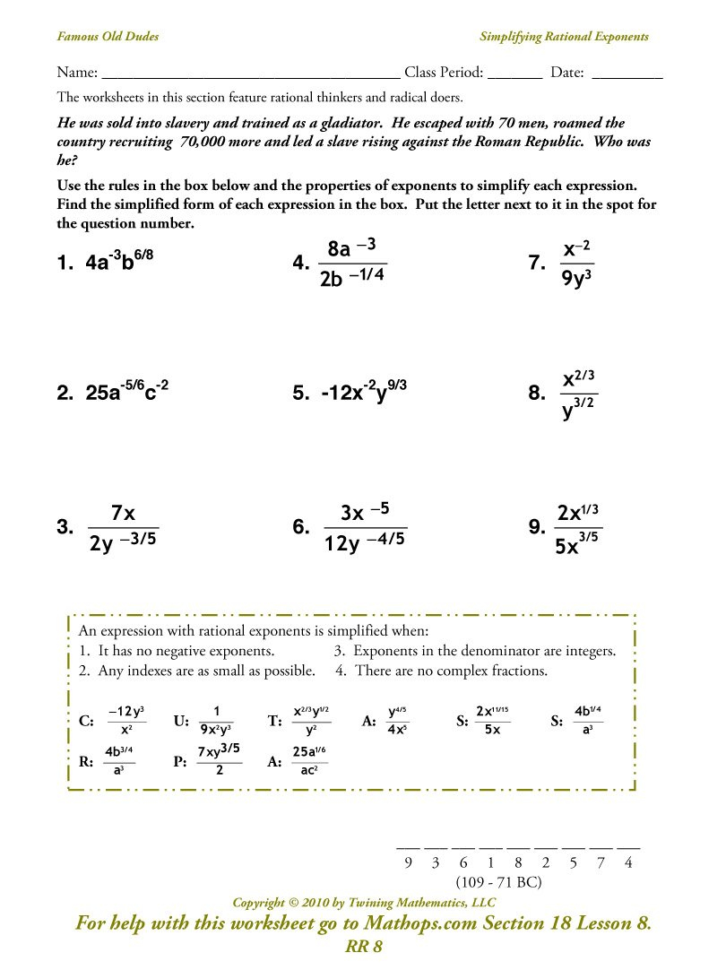Rr 8 Simplifying Rational Exponents  Mathops Also Exponents And Radicals Worksheet