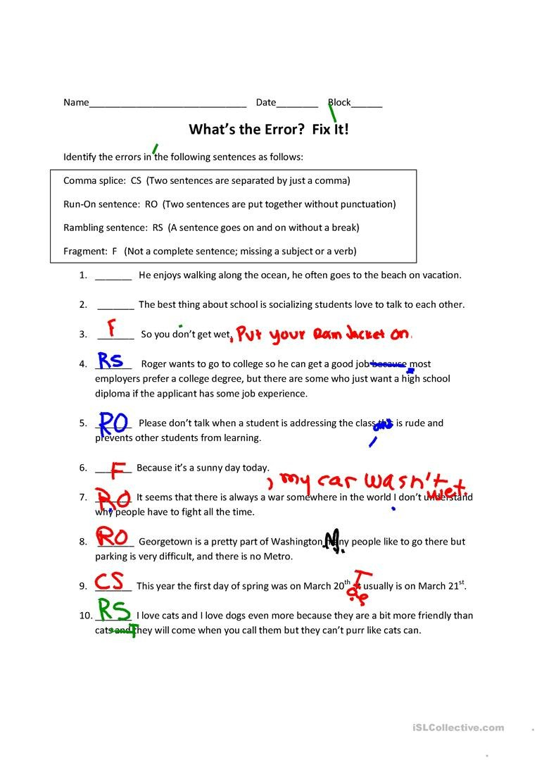 Runon Sentences Comma Splices Rambling Sentences And Fragments With Fragments And Run On Sentences Worksheet