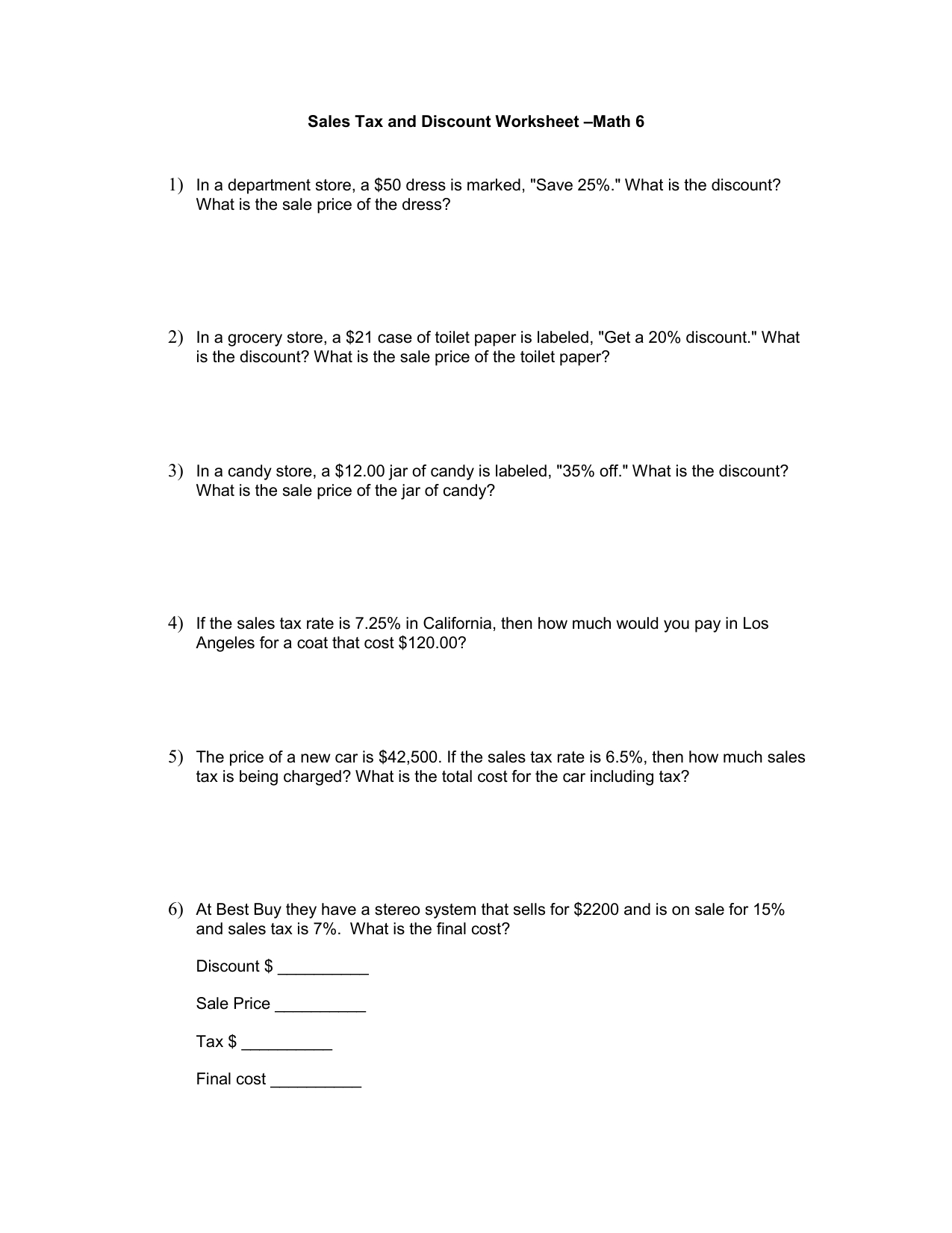 Sales Tax And Discount Worksheet Pertaining To Sales Tax Worksheet