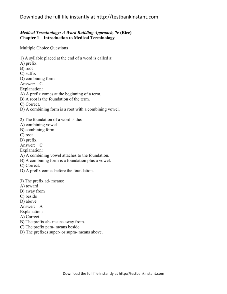 Sample Of Test Bank For Medical Terminology A In Medical Terminology Suffixes Worksheet