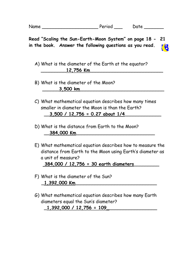 Scaling The Earth Sun And Moon Answer Key Or The Sun Earth Moon System Worksheet