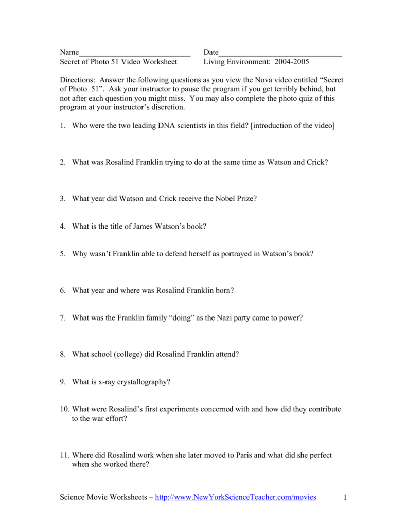 Science Movie Worksheets – Newyorkscienceteacher Along With Secret Of Photo 51 Worksheet Answers