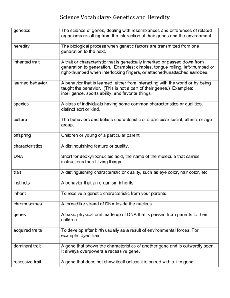 Science Vocabulary Genetics And Heredity Or Heredity Vocabulary Worksheet Answers
