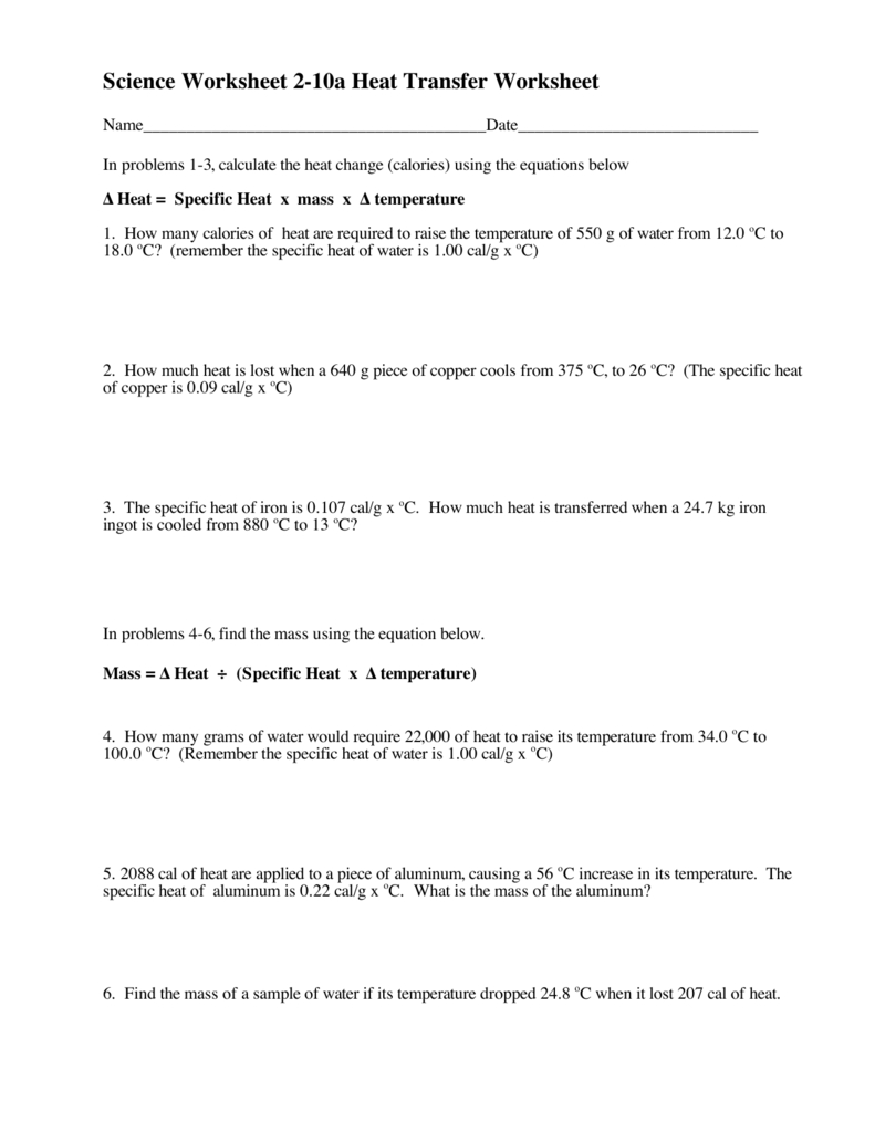 Science Worksheet 210A Heat Transfer Worksheet Inside Heat Transfer Worksheet Answers