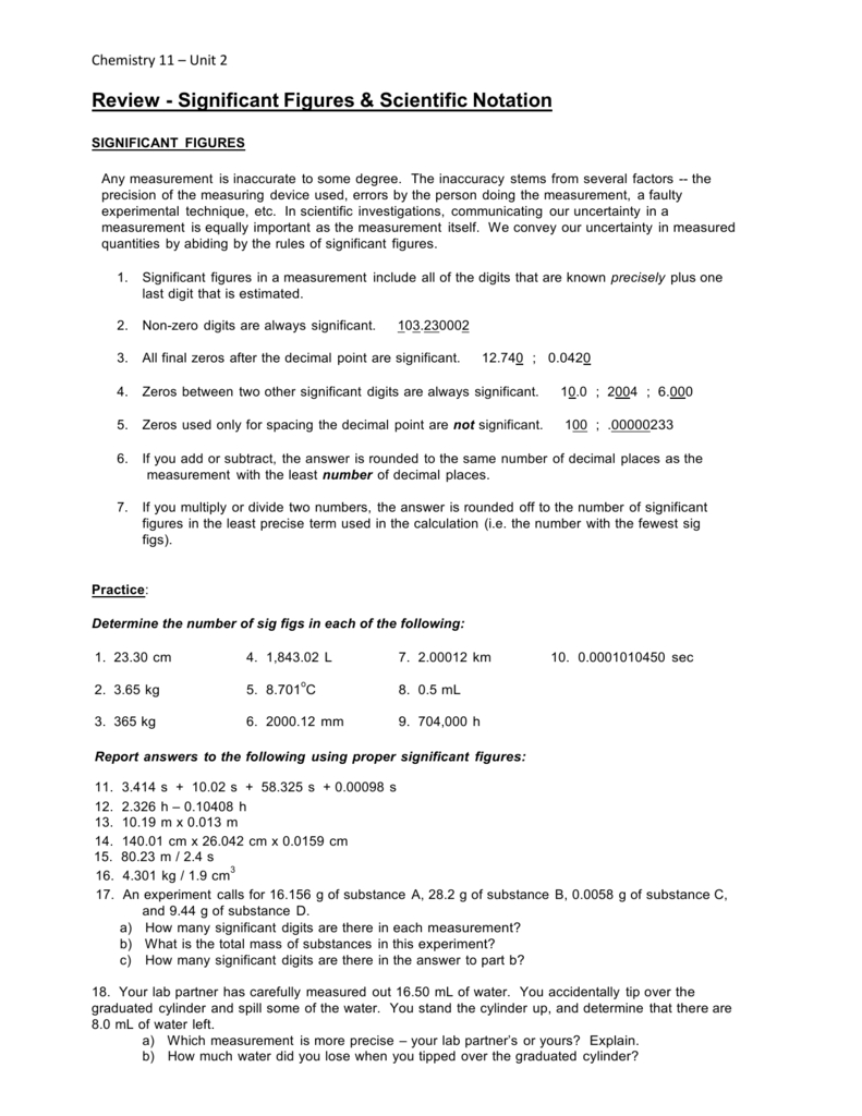 Scientific Notation  Sig Figs Worksheet With Regard To Scientific Notation And Significant Figures Worksheet