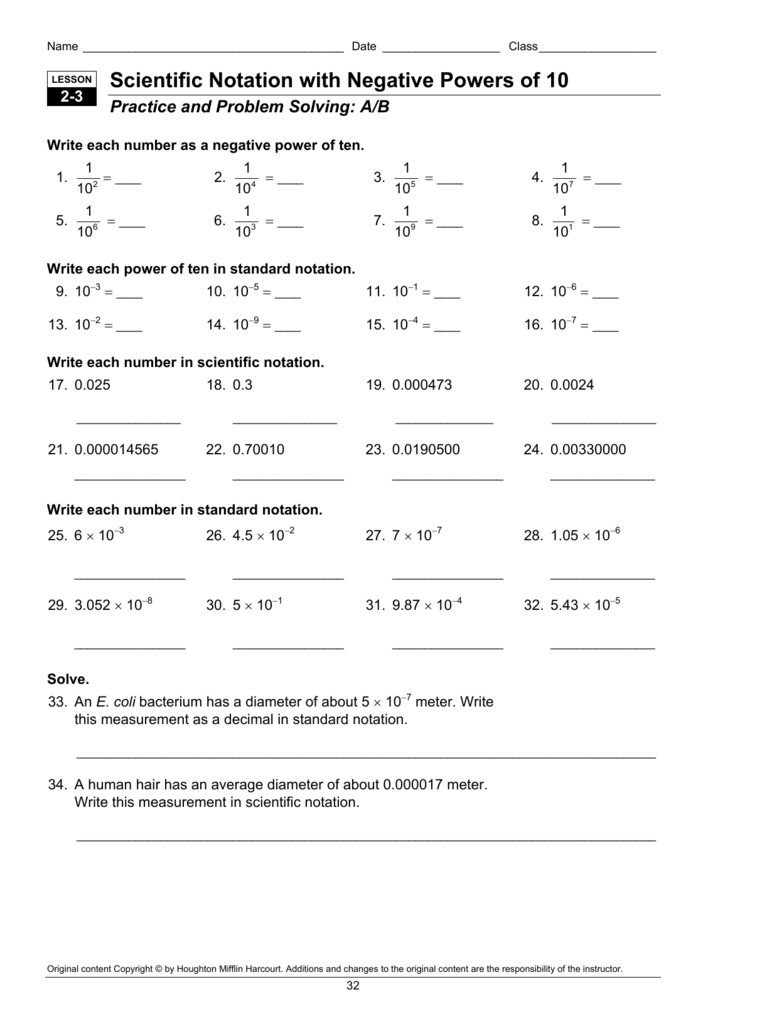 Scientific Notation With Negative Powers Of 10 Together With Worksheet 2 Scientific Notation Answers