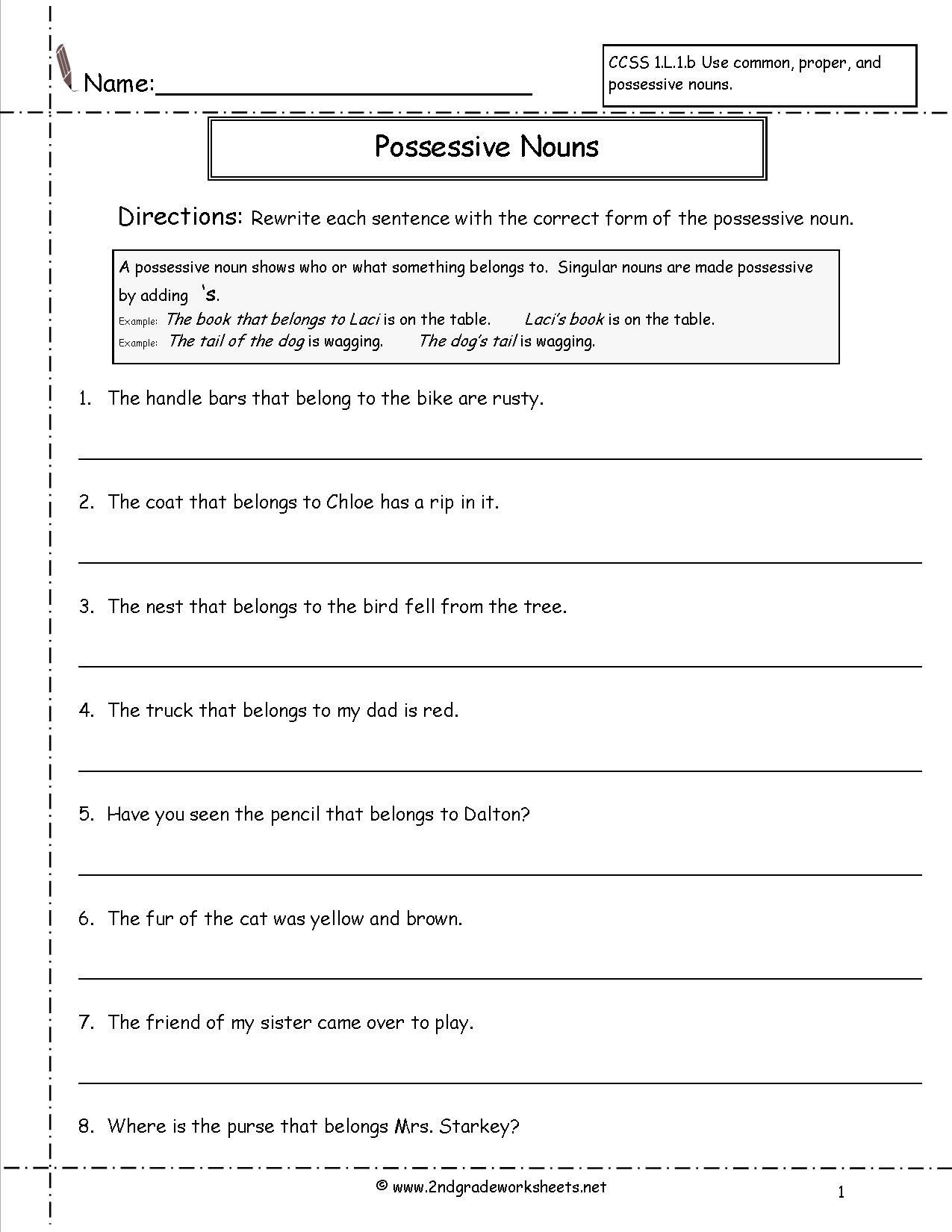 Second Grade Possessive Nouns Worksheets In Nouns Worksheet 2Nd Grade