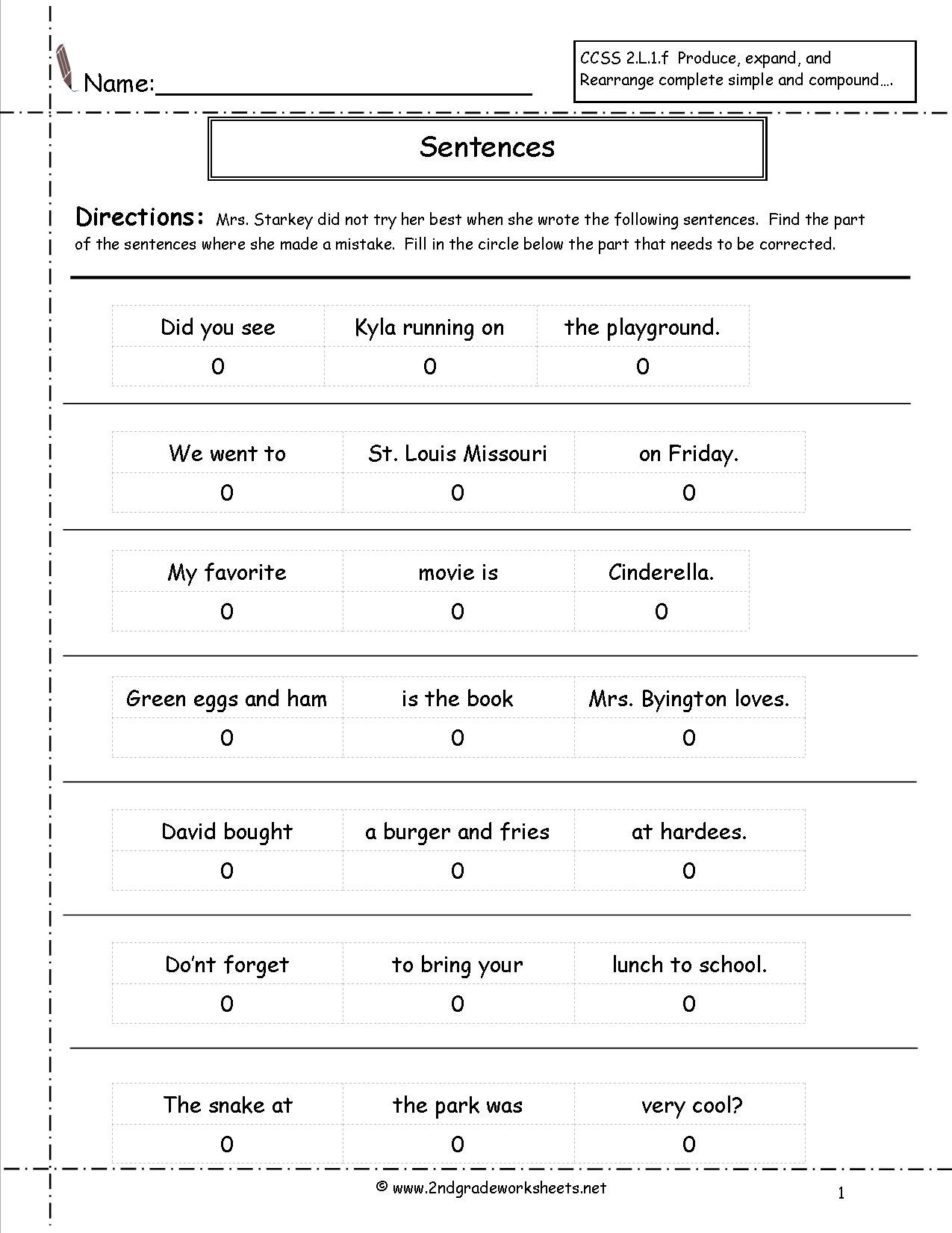Second Grade Sentences Worksheets Ccss 2L1F Worksheets Also Fix The Sentence Worksheets