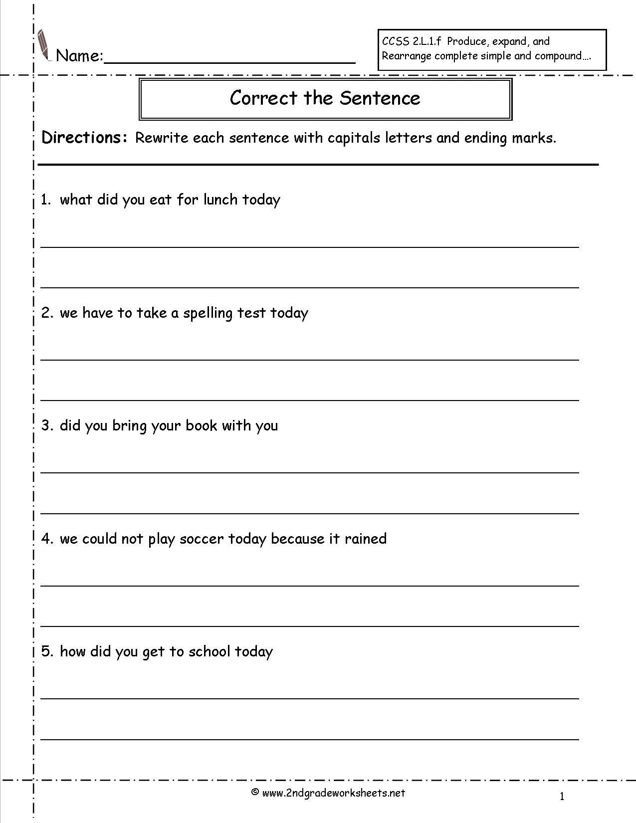 Second Grade Sentences Worksheets Ccss 2L1F Worksheets As Well As Complete Sentence Worksheets