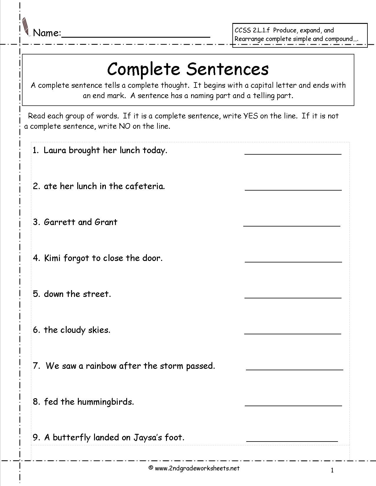 Second Grade Sentences Worksheets Ccss 2L1F Worksheets For Complete Sentence Worksheets