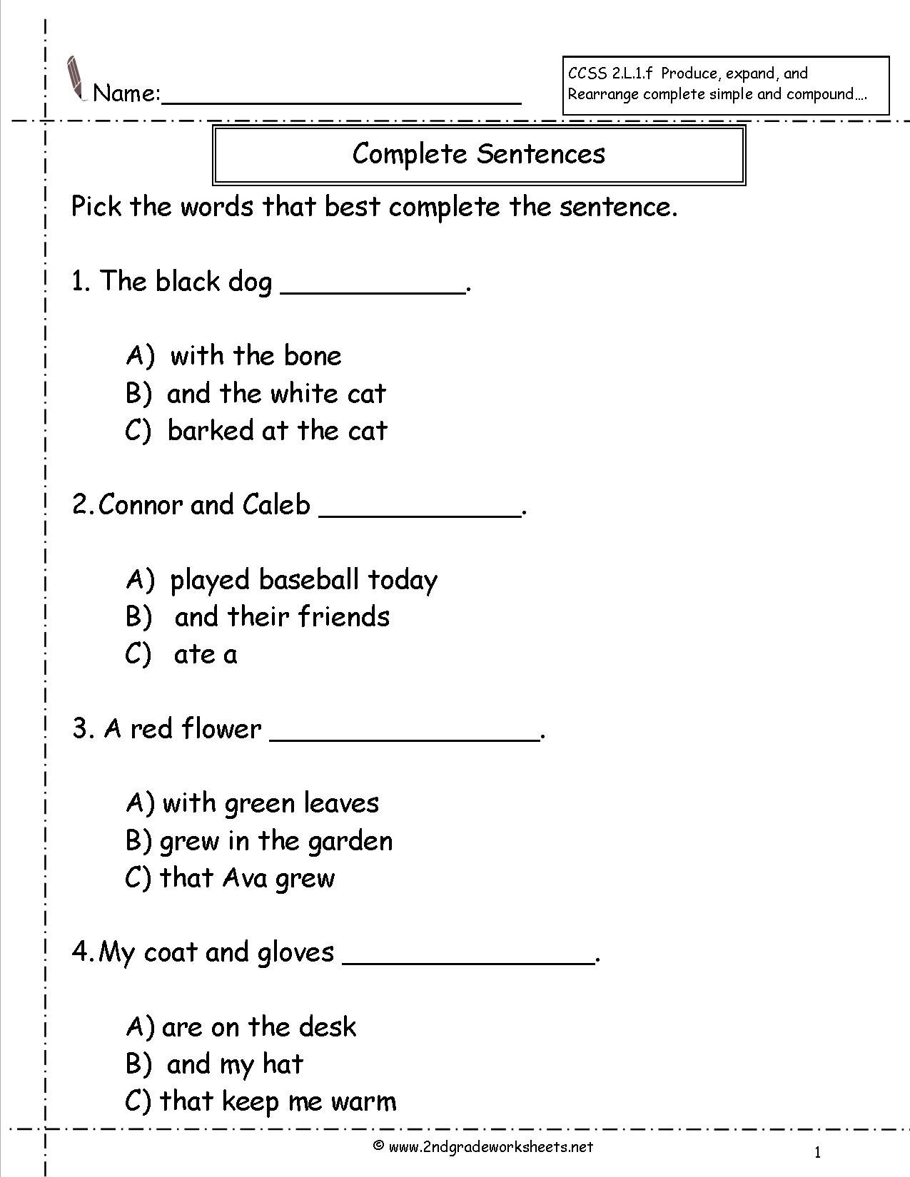 Second Grade Sentences Worksheets Ccss 2L1F Worksheets For Writing Sentences Worksheets For 1St Grade