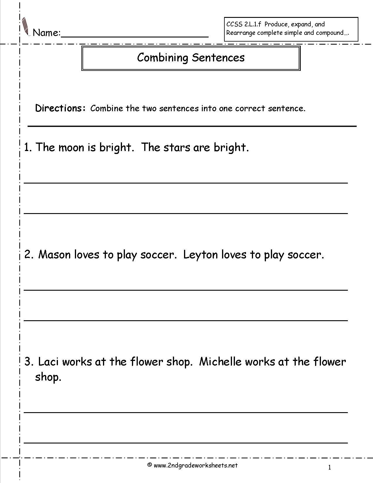 Second Grade Sentences Worksheets Ccss 2L1F Worksheets With Combining Sentences Worksheet