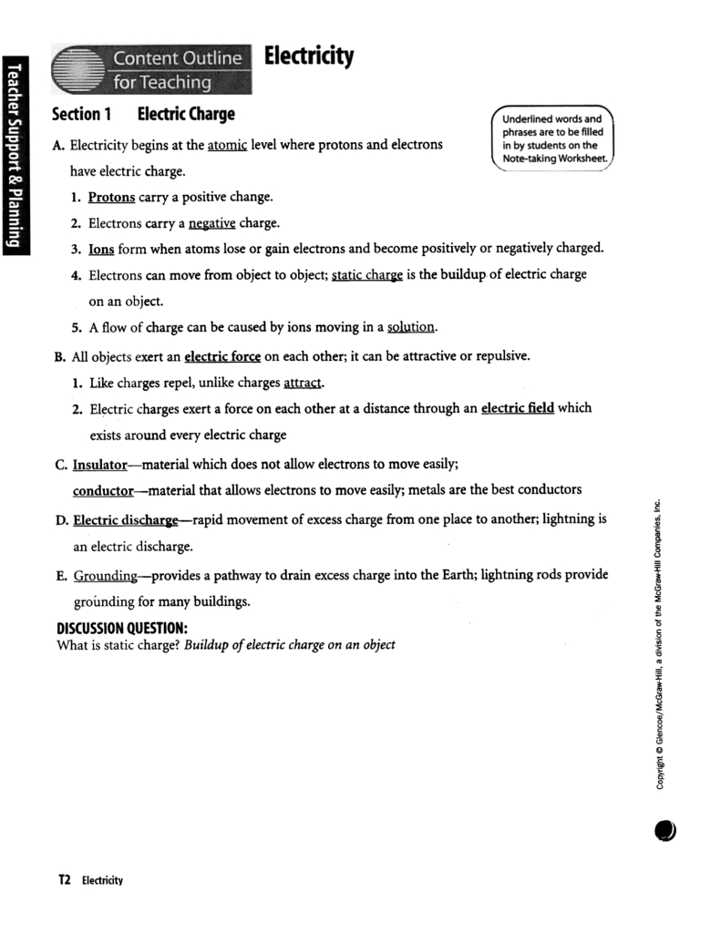 Section 1 With Note Taking Worksheet Electricity