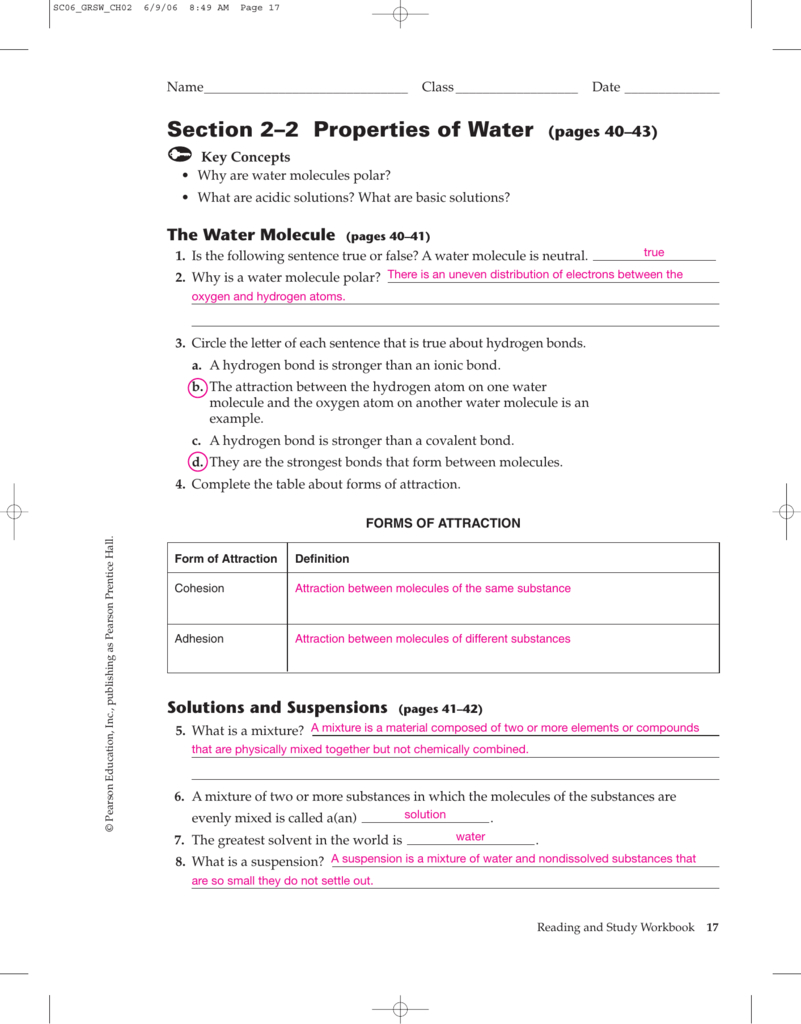 Section 2–2 Properties Of Water Pages 40–43 Throughout Properties Of Water Worksheet Answer Key