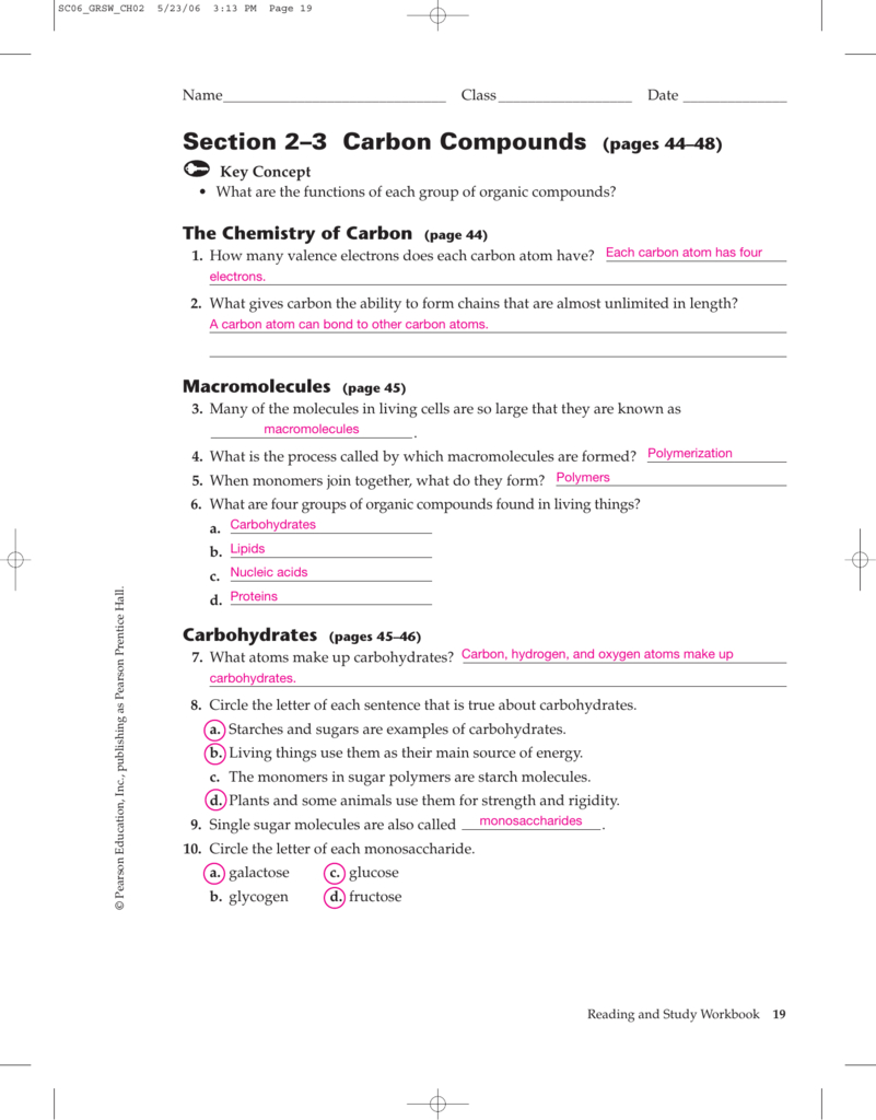 Section 2–3 Carbon Compounds Pages 44–48 For Chemistry In Biology Chapter 6 Worksheet Answers
