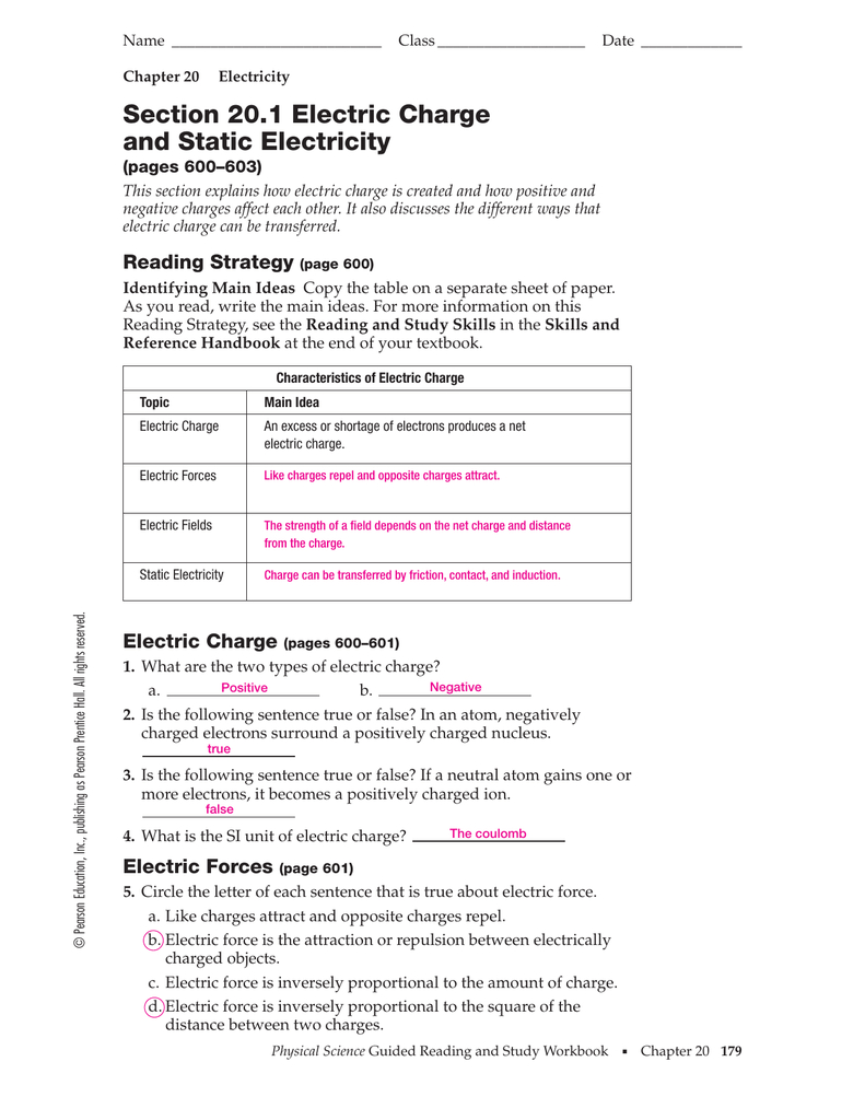 Section 201 Electric Charge And Static Electricity In Static Electricity Worksheet