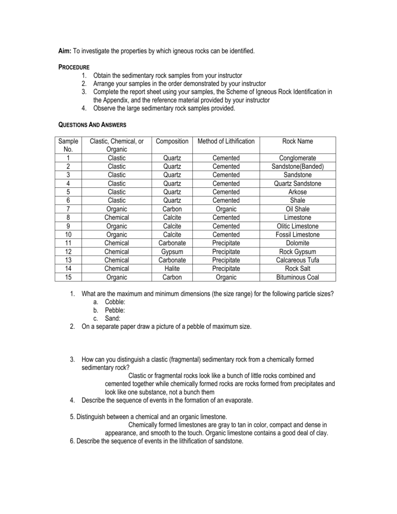 Sedimentrary Rock Identification Pertaining To Scheme For Igneous Rock Identification Worksheet Answers