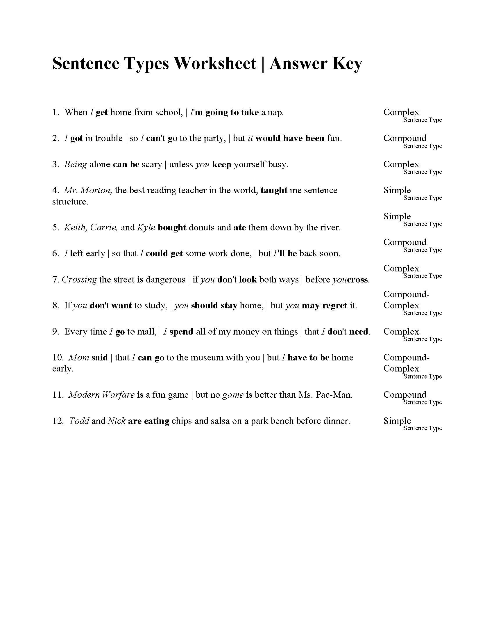 Sentences Types Worksheet  Answers For Teacher Answer Keys And The Worksheets