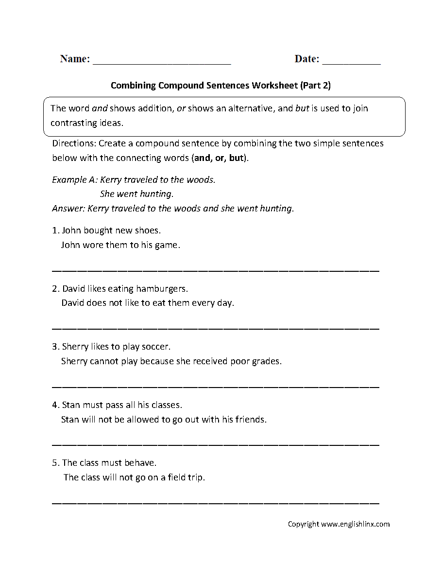 Sentences Worksheets  Compound Sentences Worksheets Pertaining To Compound Sentences Worksheet With Answers