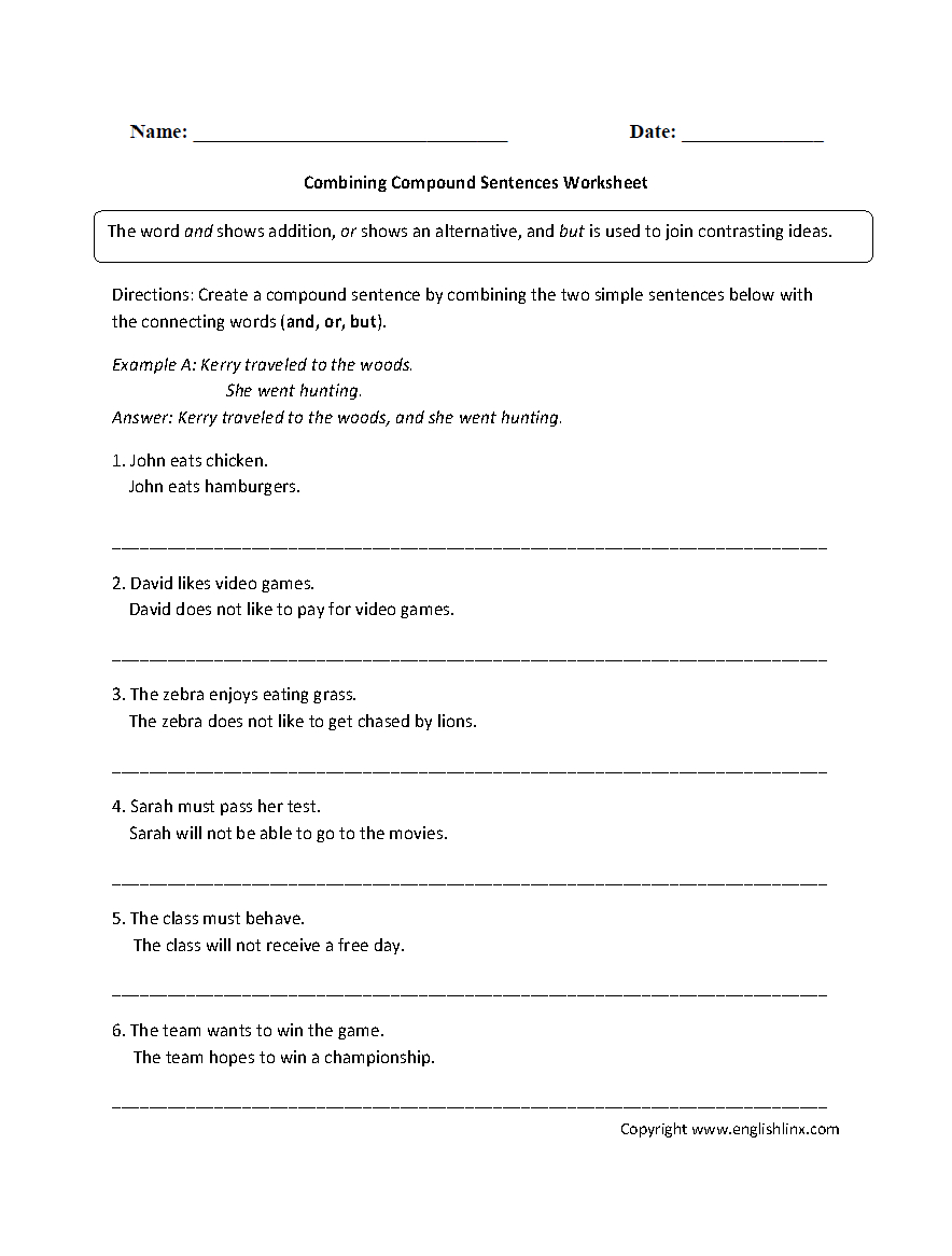 Sentences Worksheets  Compound Sentences Worksheets Regarding Combining Sentences 4Th Grade Worksheets
