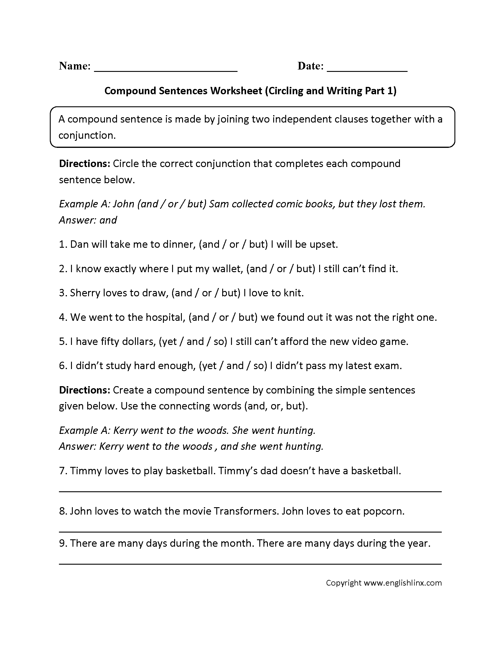 Sentences Worksheets  Compound Sentences Worksheets Throughout Combining Sentences 4Th Grade Worksheets