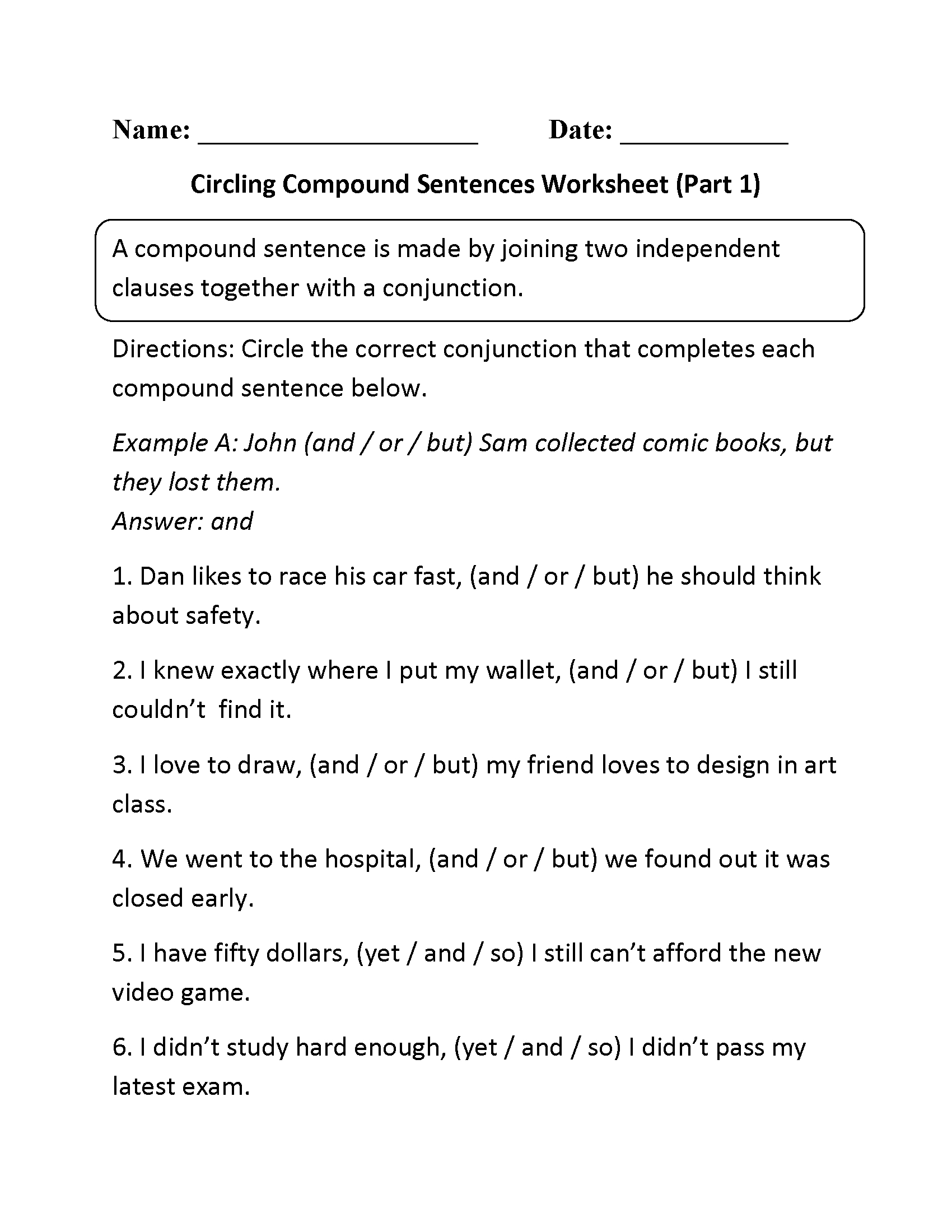 Sentences Worksheets  Compound Sentences Worksheets Throughout Compound Sentences Worksheet With Answers