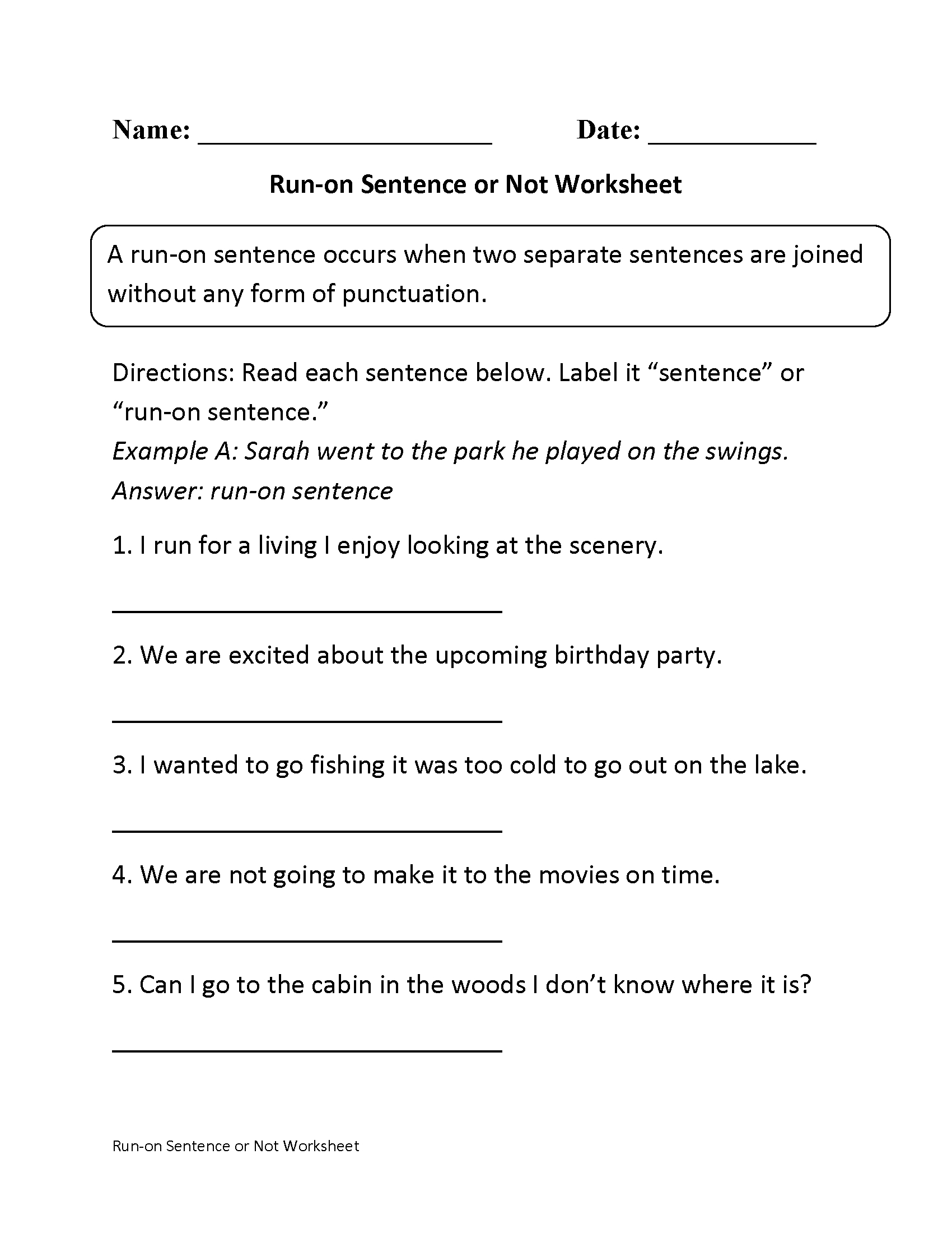 Sentences Worksheets  Run On Sentences Worksheets Inside Fix The Sentence Worksheets