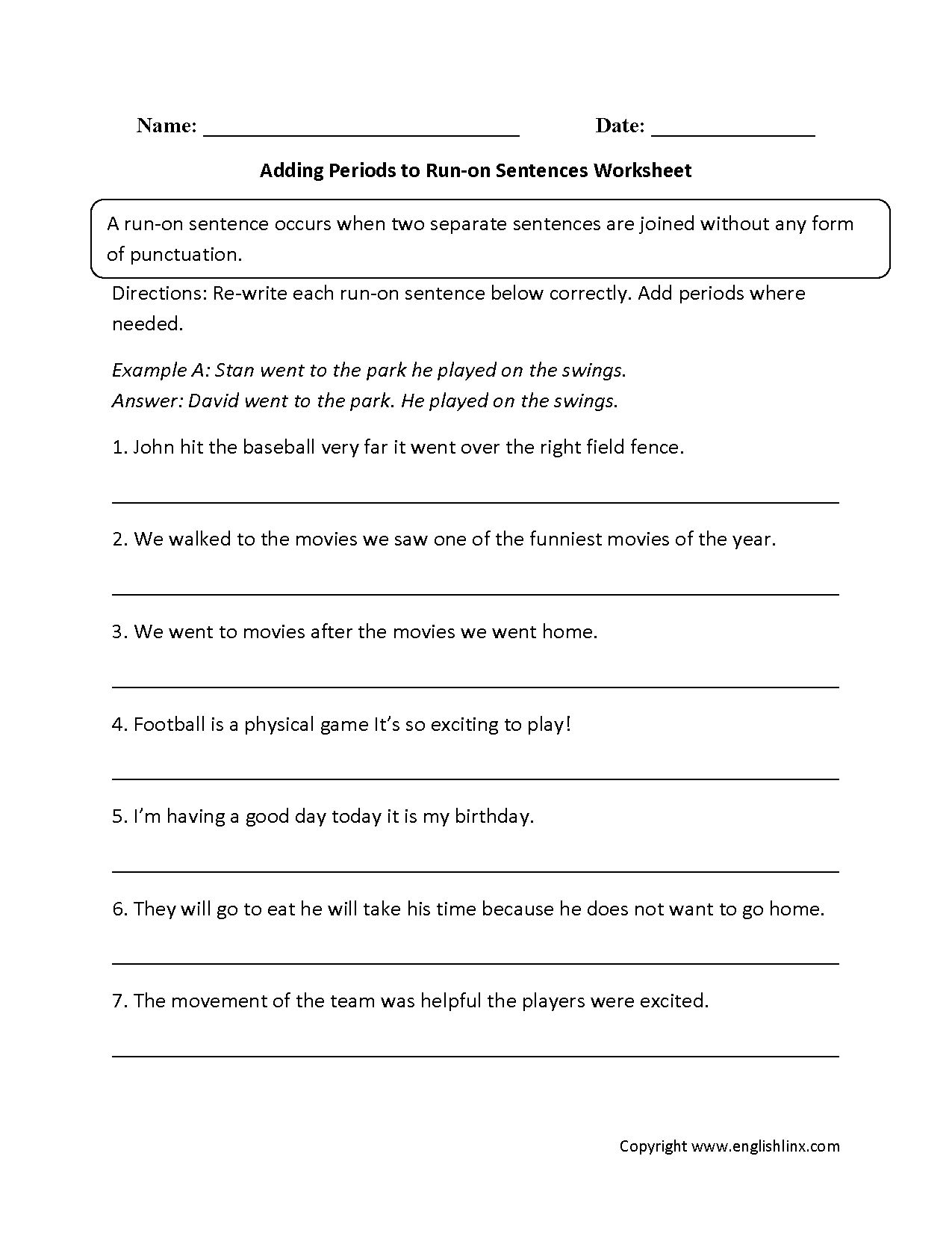 Sentences Worksheets  Run On Sentences Worksheets Within Correcting Run On Sentences Worksheets
