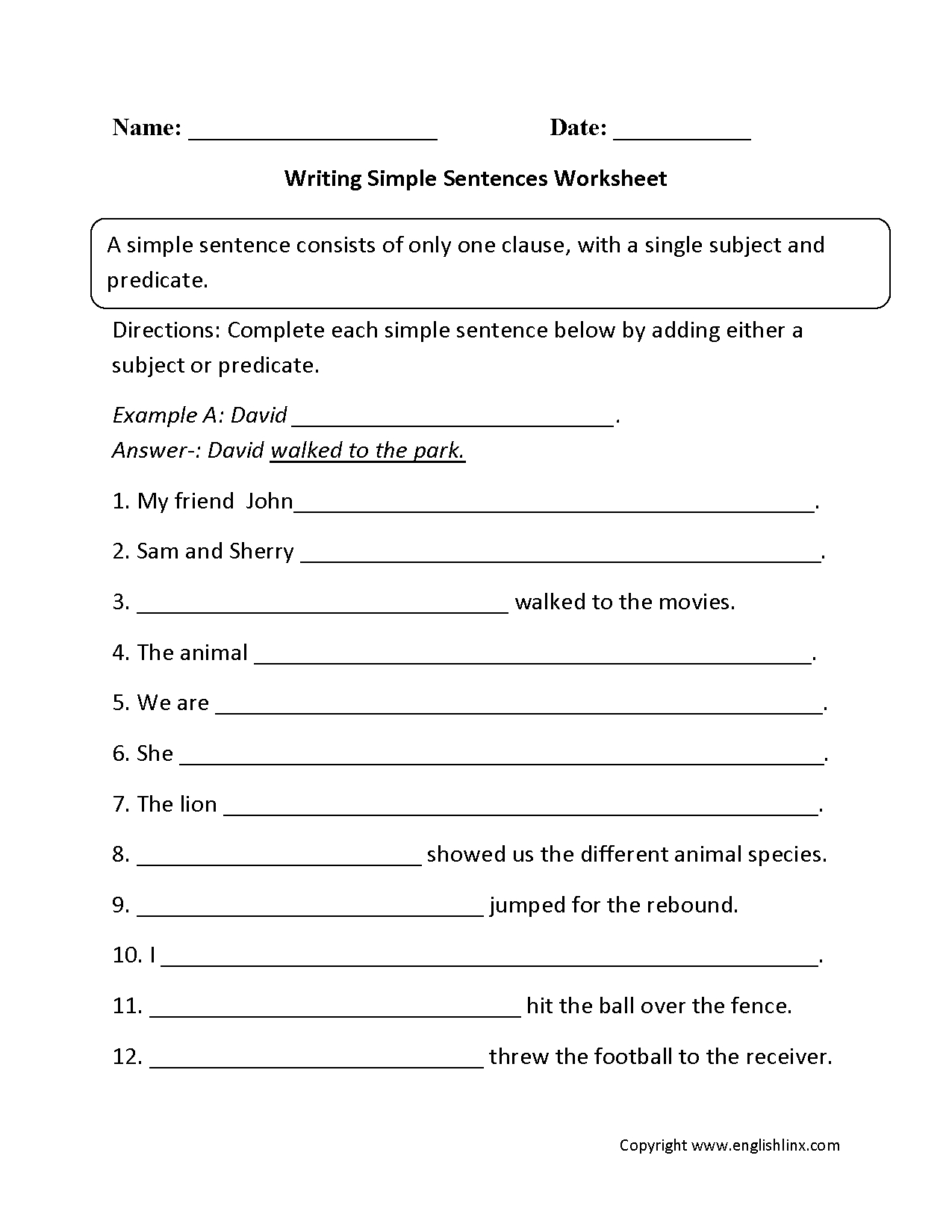 Sentences Worksheets  Simple Sentences Worksheets Intended For Simple Sentences Worksheet