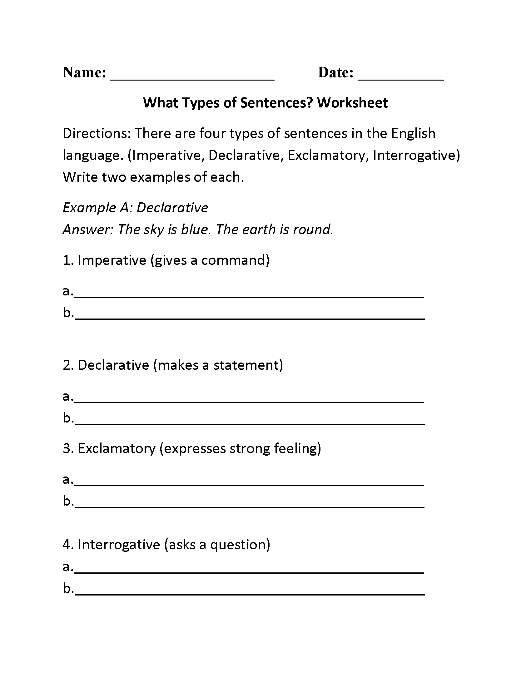 Sentences Worksheets  Types Of Sentences Worksheets With Kinds Of Sentences Worksheet