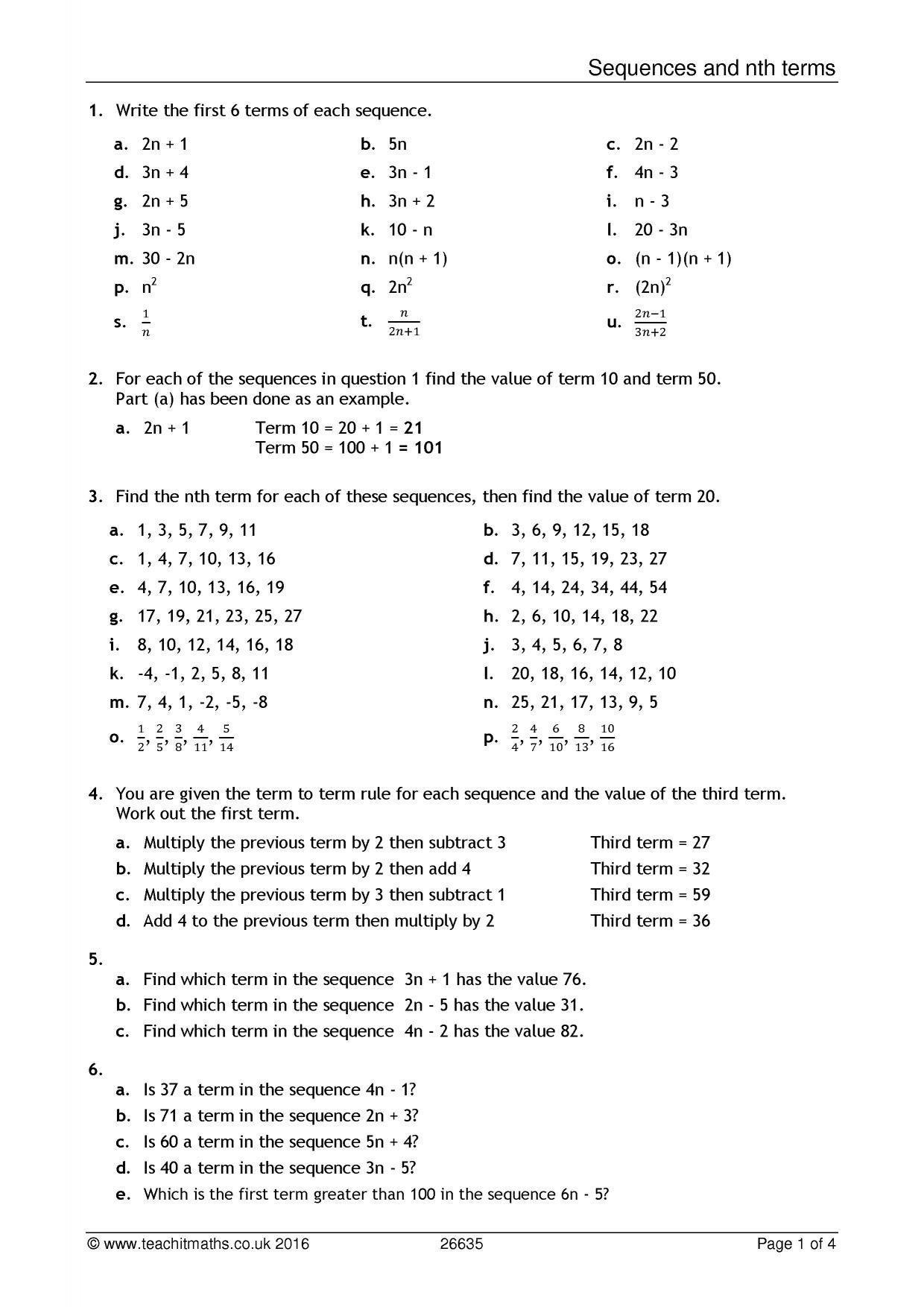 Sequences And Nth Terms Worksheet Pdf  Teachit Maths Pertaining To Quadratic Sequences Worksheet