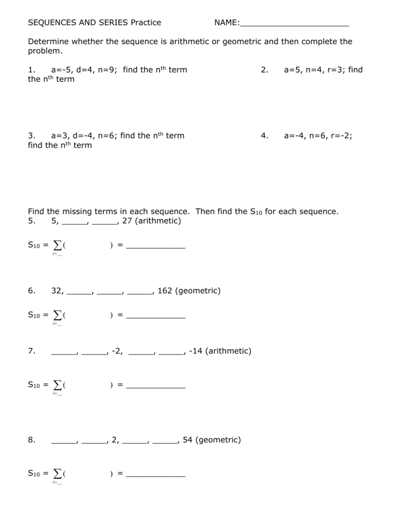 Sequences And Series Worksheet Within Sequences And Series Worksheet