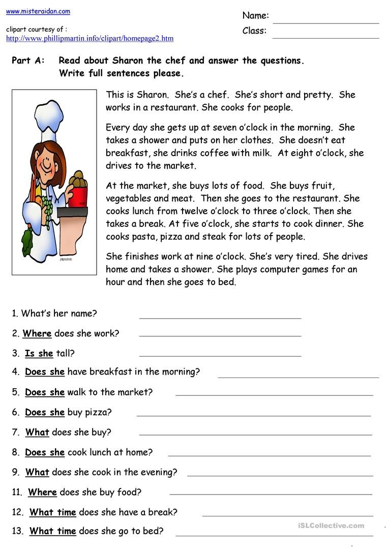 Sharon The Chef  Reading Comprehension Worksheet  Free Esl Regarding Level 4 Reading Comprehension Worksheets