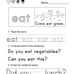 Sight Word Eat Worksheet  Free Kindergarten English Worksheet For Throughout Healthy Eating Worksheets For Kindergarten