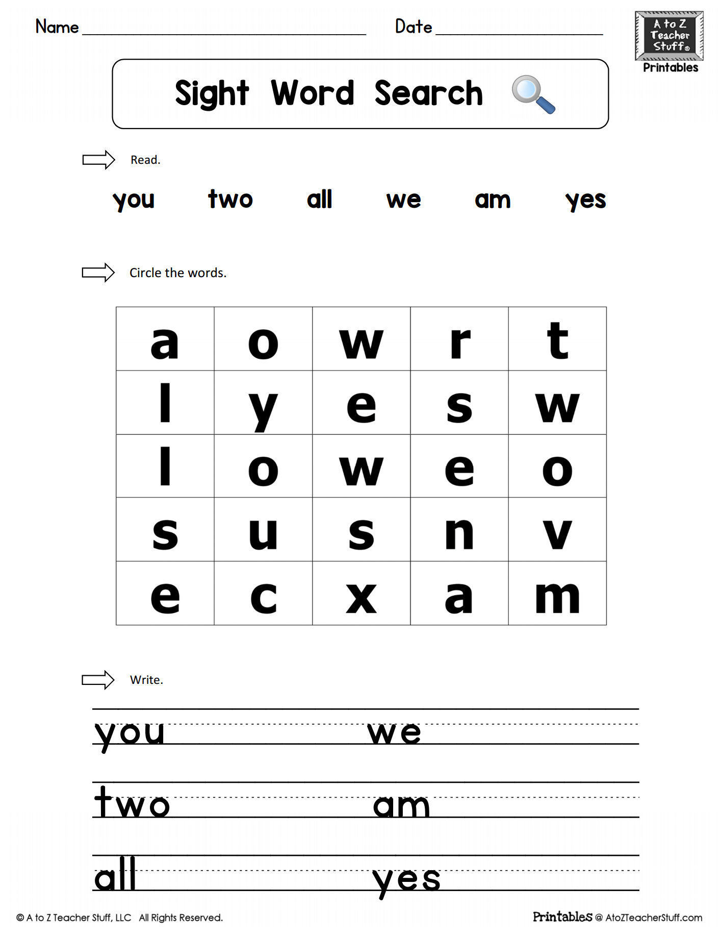 Sight Words Practice Word Search You Two We All Am Yes  A To And Preschool Sight Words Worksheets