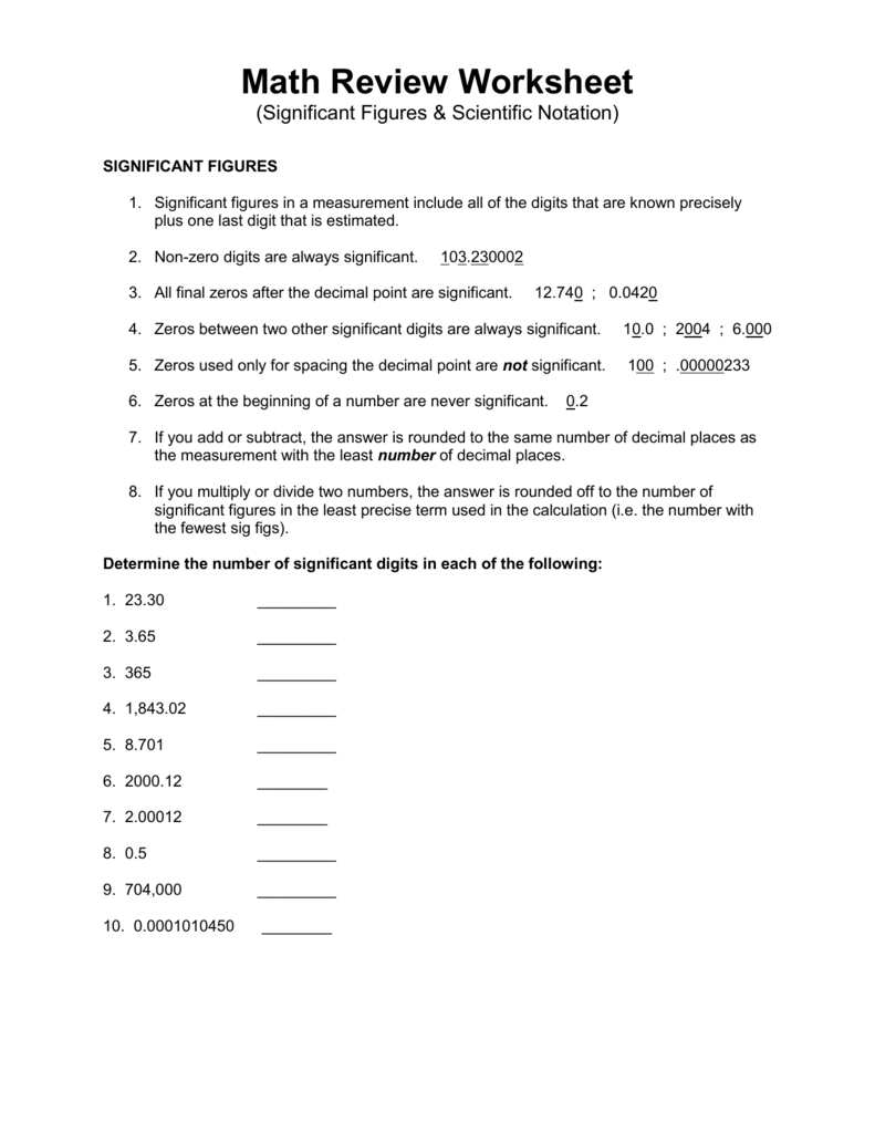 Significant Figures And Scientific Notation Review Along With Scientific Notation And Significant Figures Worksheet