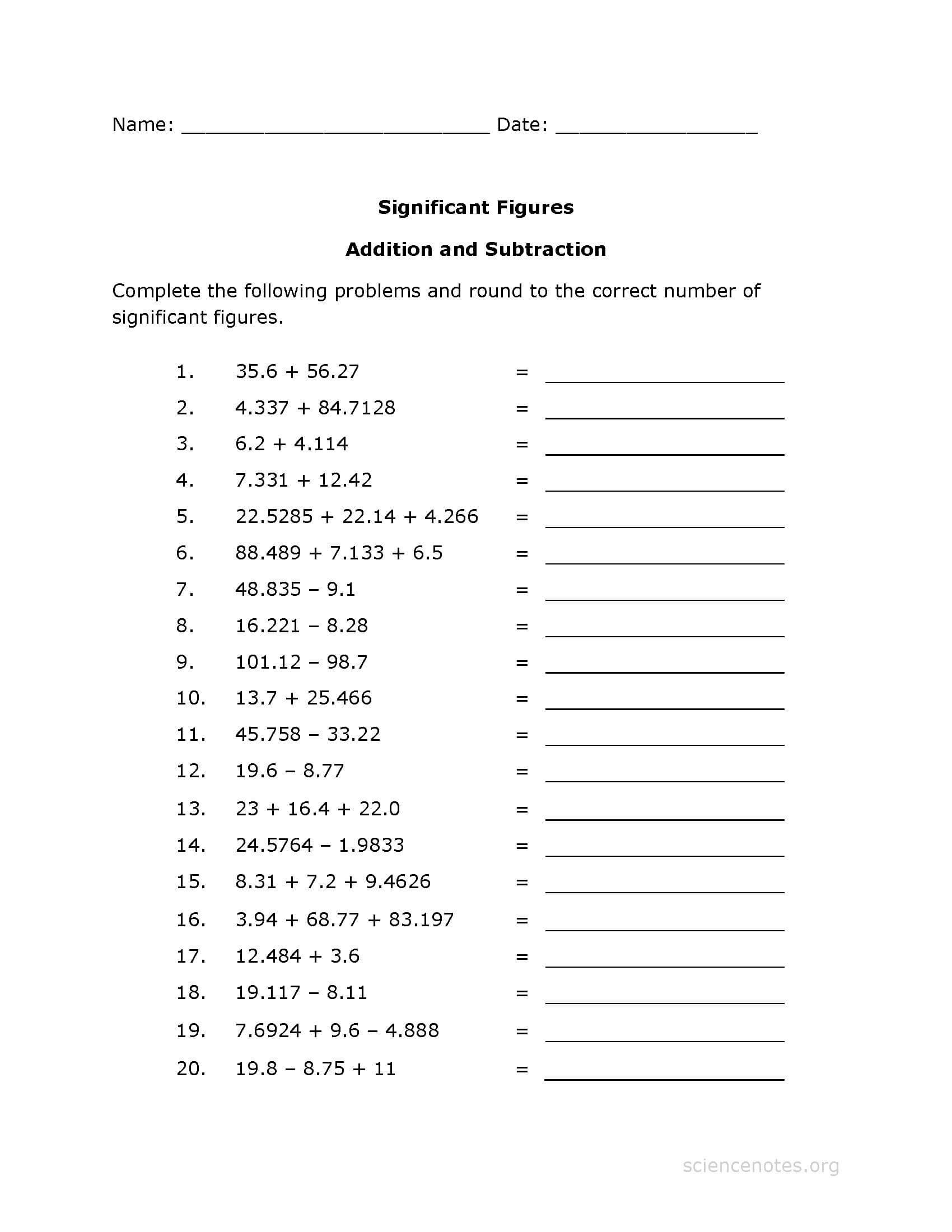Significant Figures Worksheet Pdf  Addition Practice For Significant Figures Worksheet Chemistry