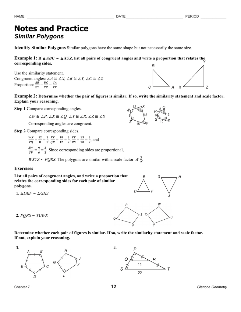 Similar Polygons Notes And Practice With Glencoe Geometry Chapter 7 Worksheet Answers