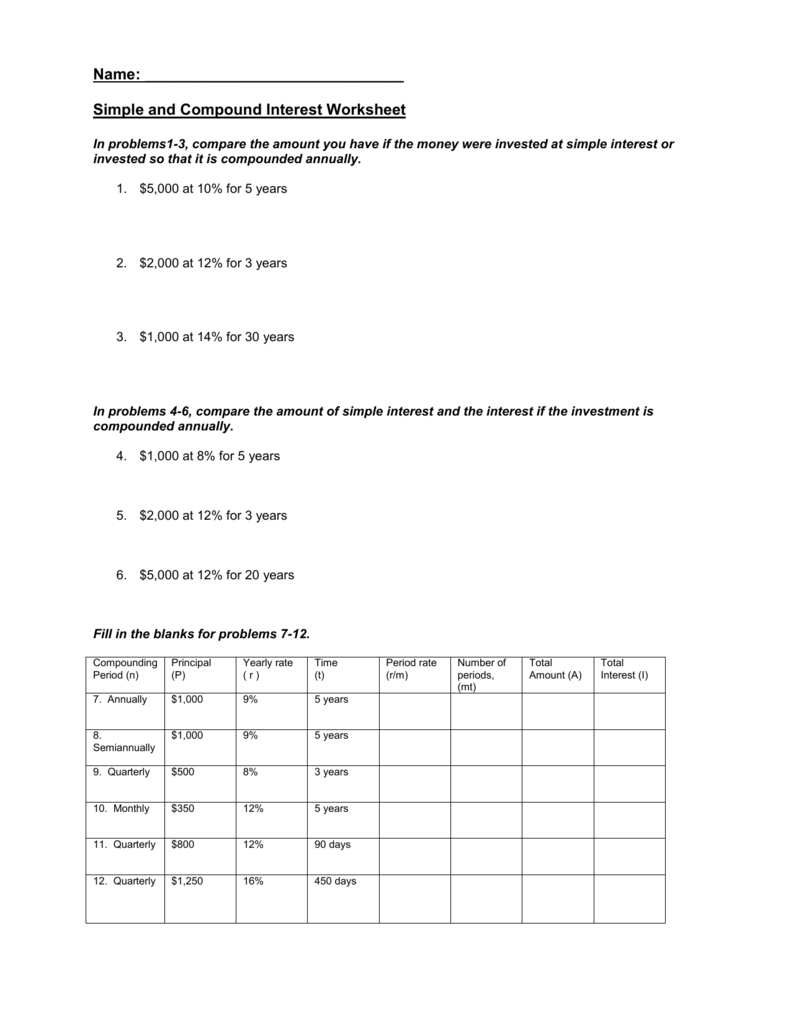 Simple And Compound Interest Worksheet Inside Simple Interest Worksheet