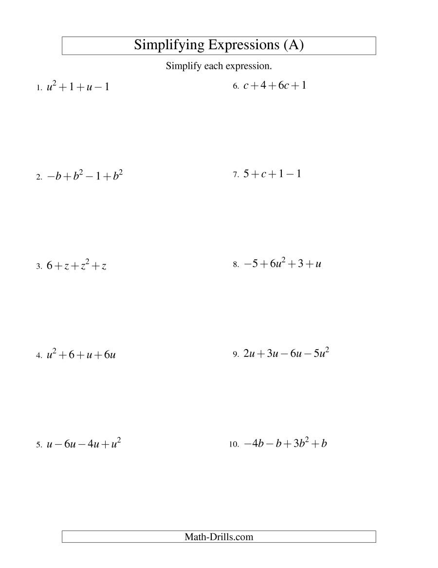 Simplifying Algebraic Expressions With One Variable And Four Terms Pertaining To Simplifying Algebraic Expressions Worksheet
