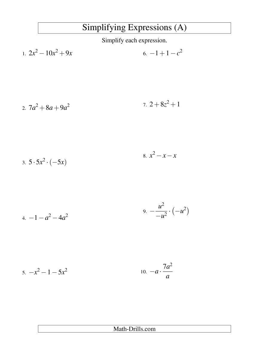 Simplifying Algebraic Expressions With One Variable And Three Terms Intended For Simplifying Algebraic Expressions Worksheet