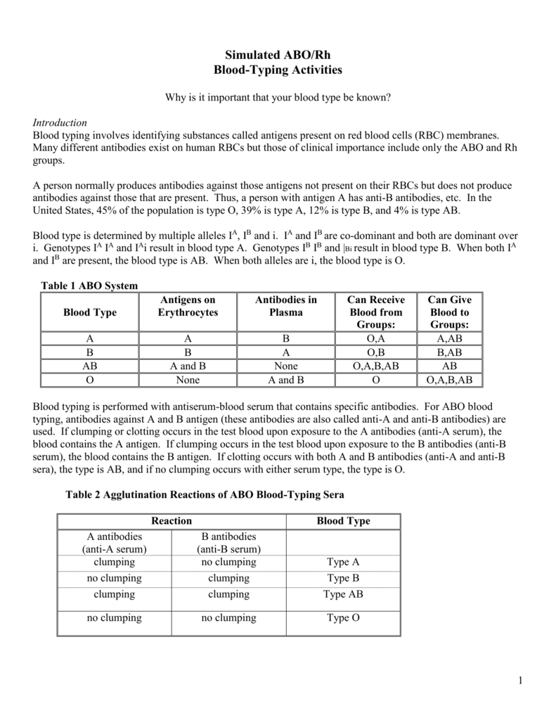 Simulated Abo Rh Blood Answers Throughout Human Blood Cell Typing Worksheet Answer Key