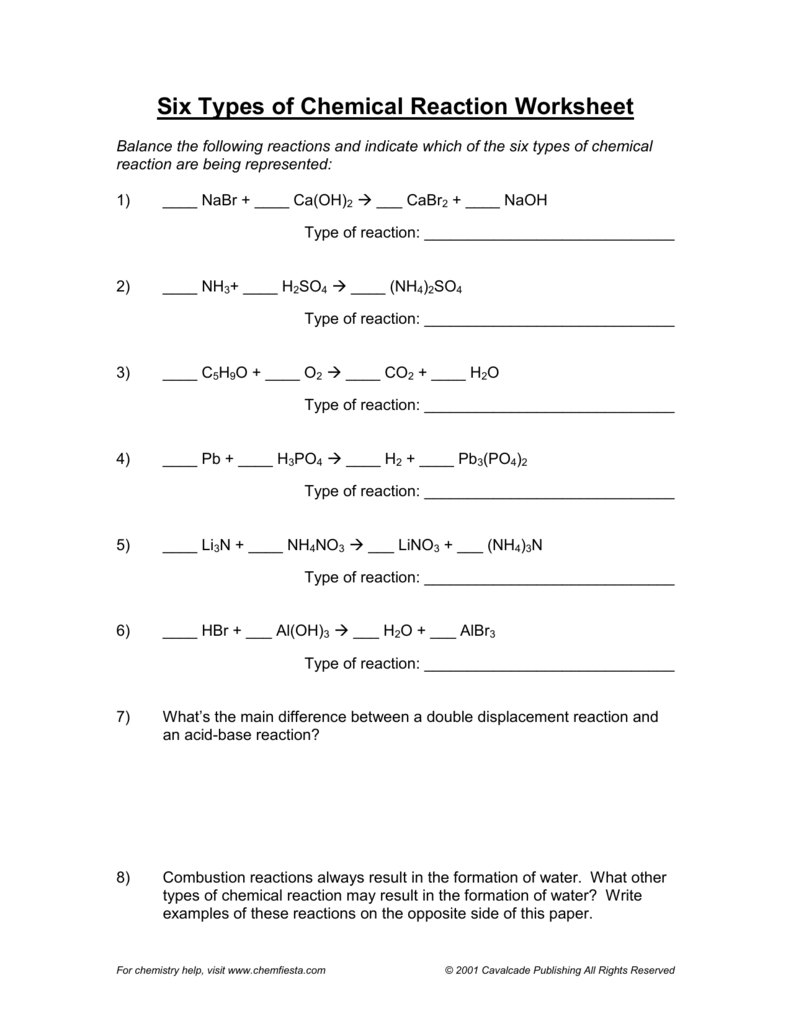 Six Types Of Chemical Reaction Worksheet Throughout Types Of Chemical Reactions Worksheet Answer Key