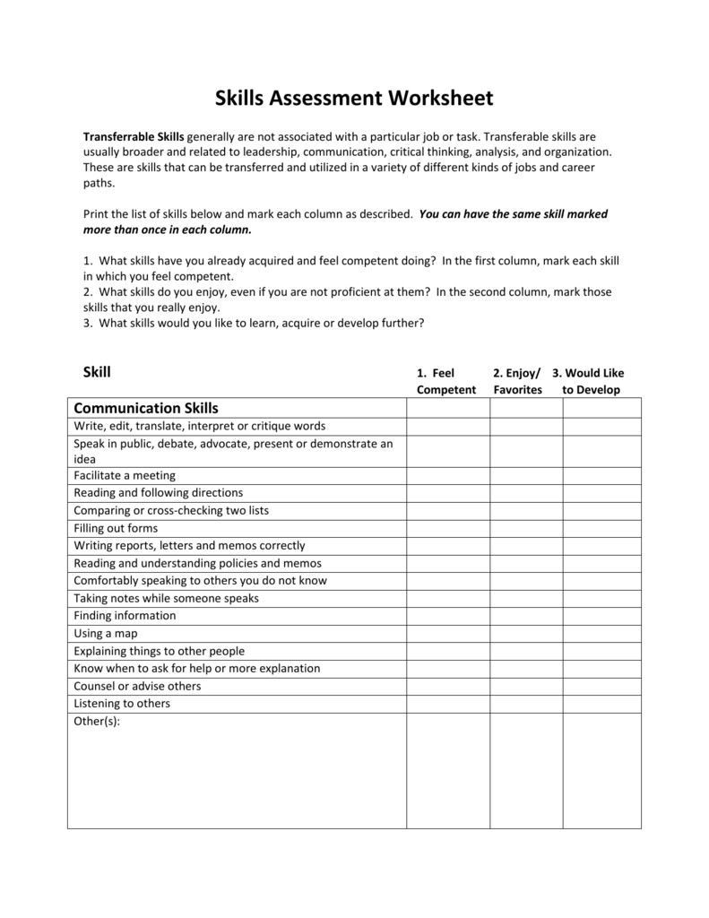 Skills Assessment Worksheet For Job Skills Assessment Worksheet