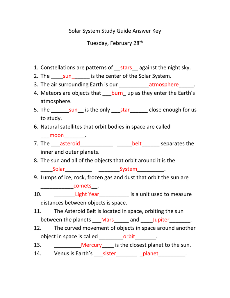 Solar System Study Guide Answer Key Intended For Formation Of The Solar System Worksheet