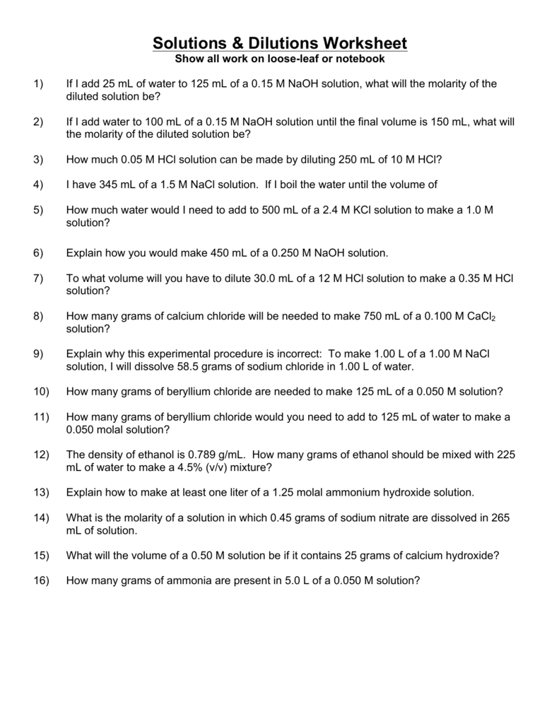Solutions  Dilutions Worksheet With Molarity By Dilution Worksheet