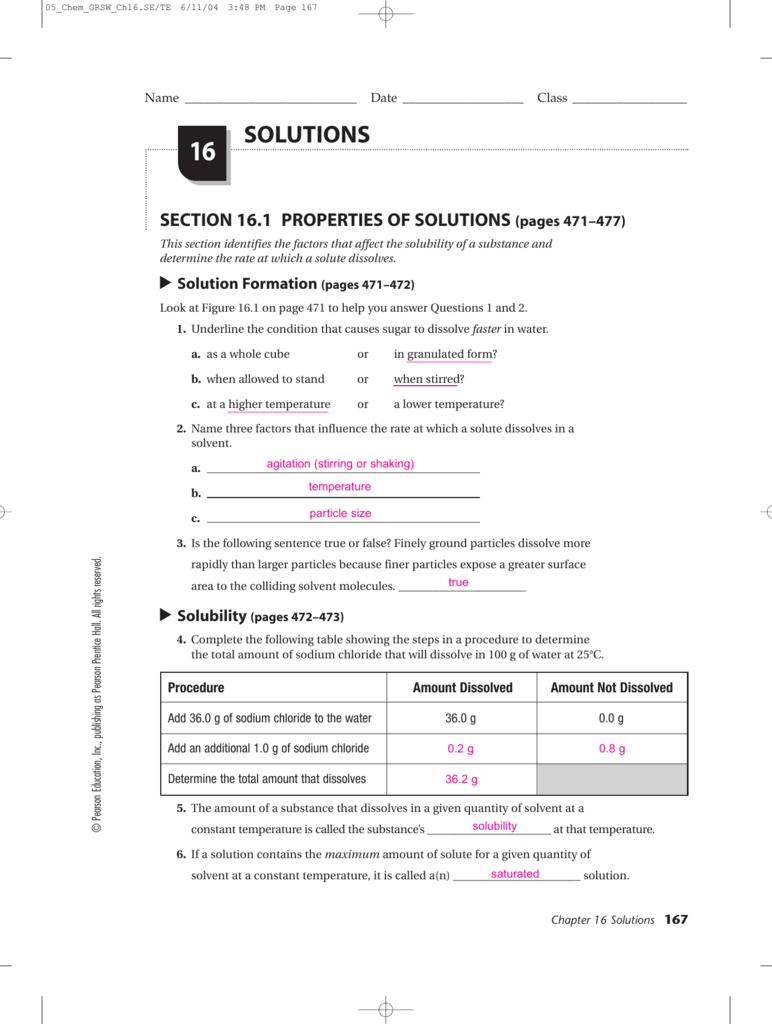Solutions  Foothill High School Throughout Section 16 3 Colligative Properties Of Solutions Worksheet Answers