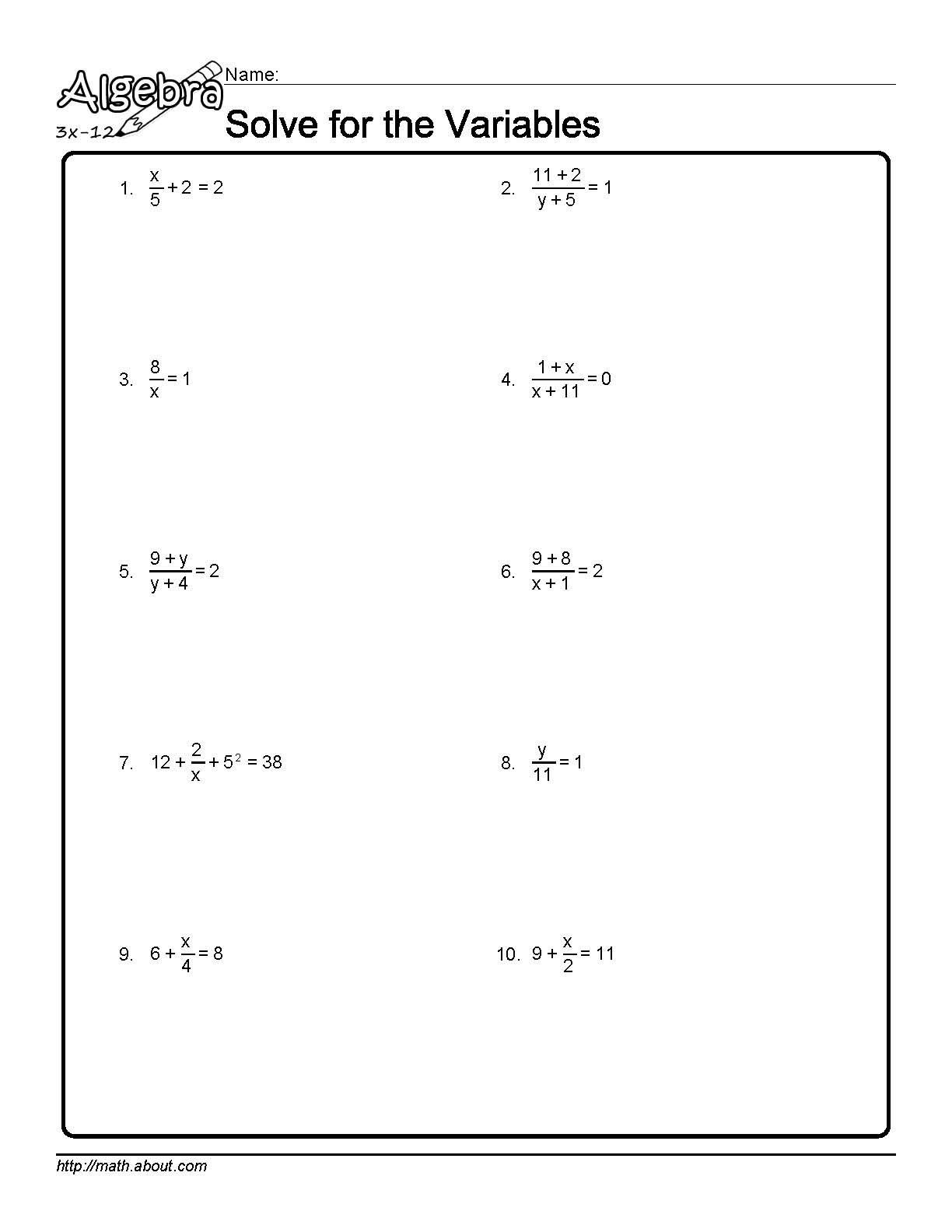 Solve For The Variables Worksheet 1 Of 10 For Solving For A Variable Worksheet