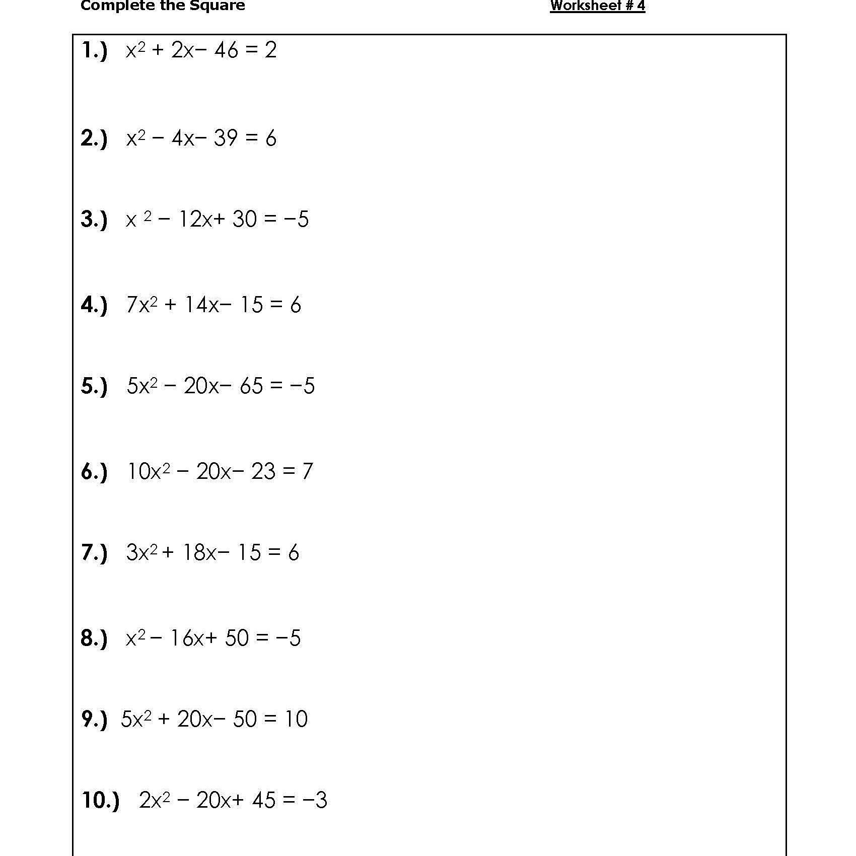 Solve Quadratic Equationscompeting The Square Worksheets Also Completing The Square Worksheet