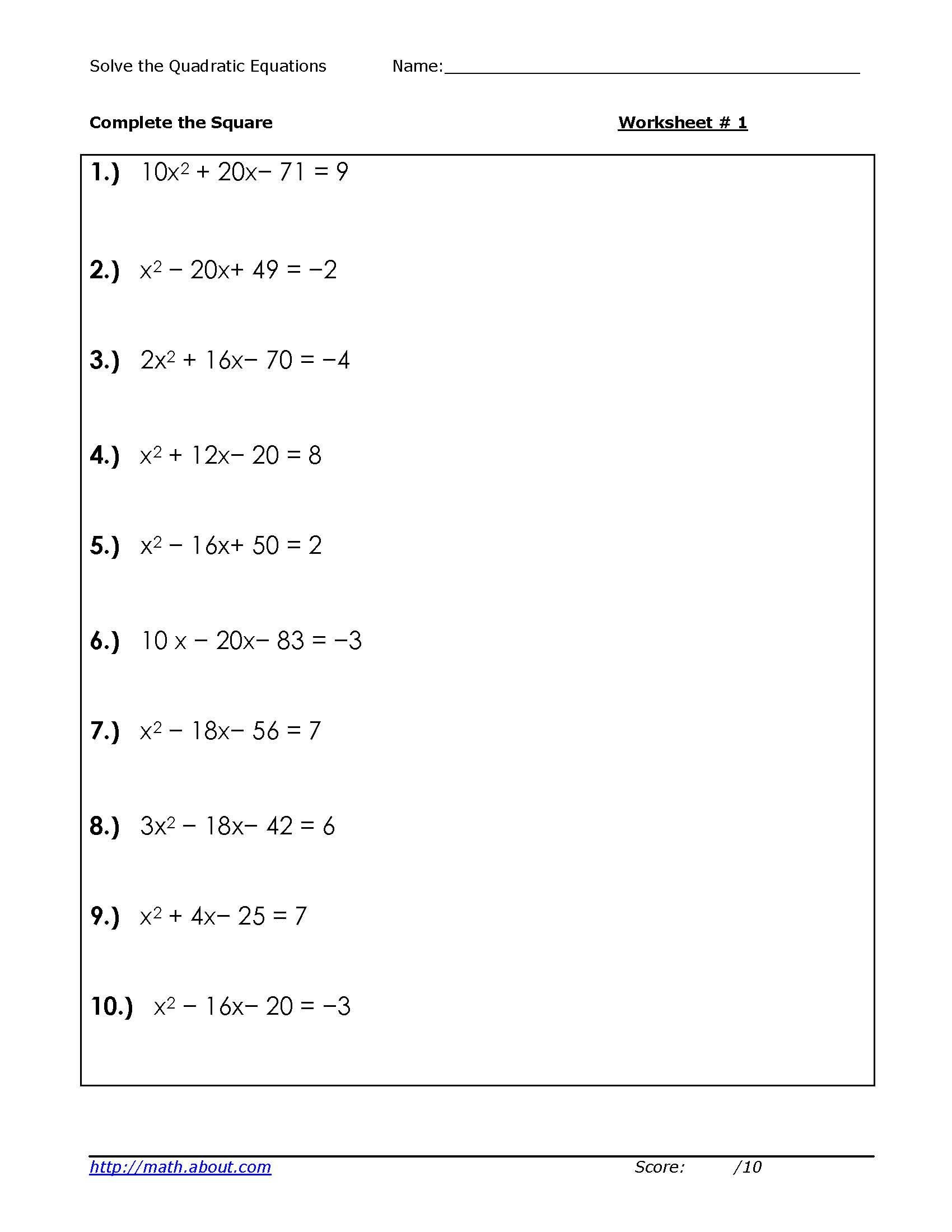 Solve Quadratic Equationscompeting The Square Worksheets Pertaining To Completing The Square Worksheet